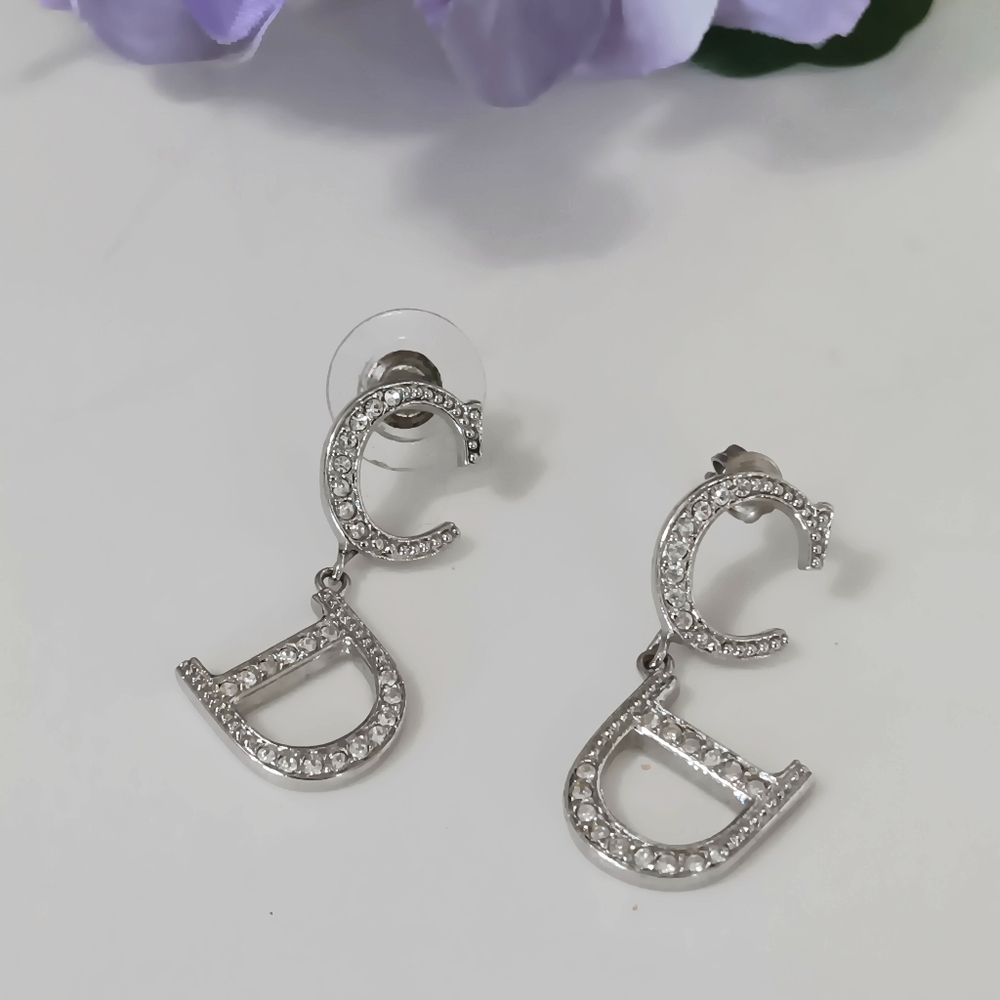 Christian Dior Silver CD Logo Rhinestone Drop Earrings Like New Y2K ✨ - Picture 11 of 12